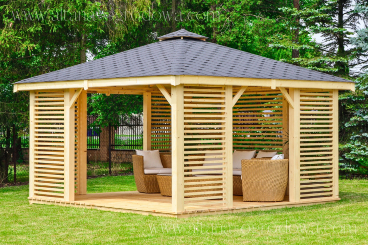 Drewniana altana ogrodowa 3x6 m z solidnymi poziomymi ażurami — Altana-Ogrodowa.com