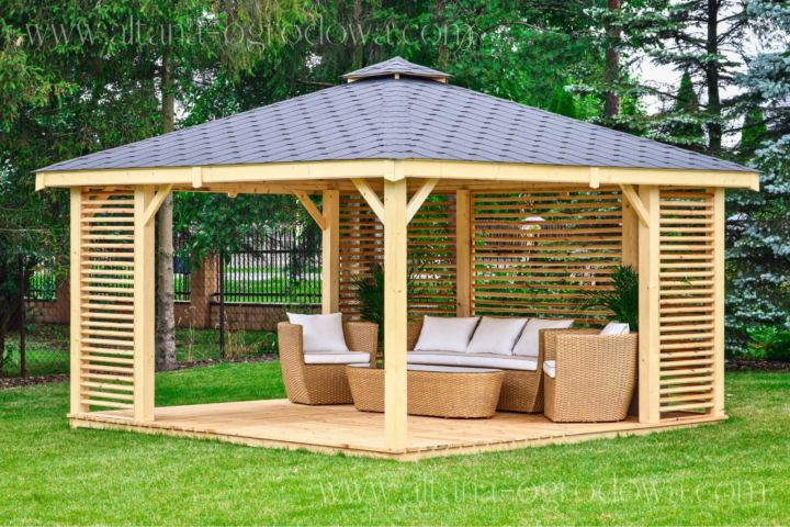 Altana ogrodowa 4x7 m z drewna certyfikowanego C24 i KVH – dach gontowy – altana-ogrodowa.com