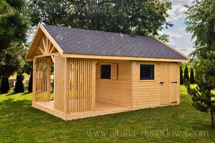 Drewniany domek ogrodowy 18 m² z tarasem i dachem dwuspadowym – Altana-Ogrodowa.com