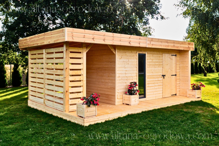 Domek ogrodowy drewniany 18 m² z oknem fix i nowoczesnym dachem jednospadowym – drewno KVH i C24