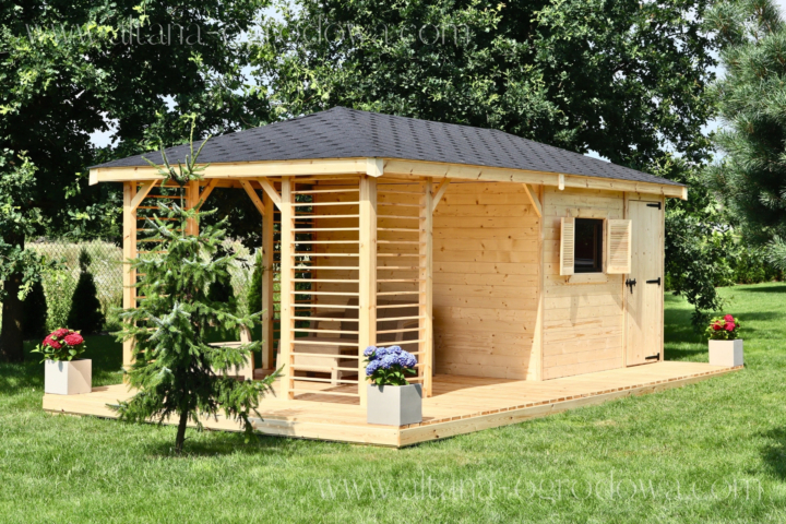 Drewniany domek ogrodowy 24m² z zadaszoną altaną, wykonany z certyfikowanego drewna KVH i C24.